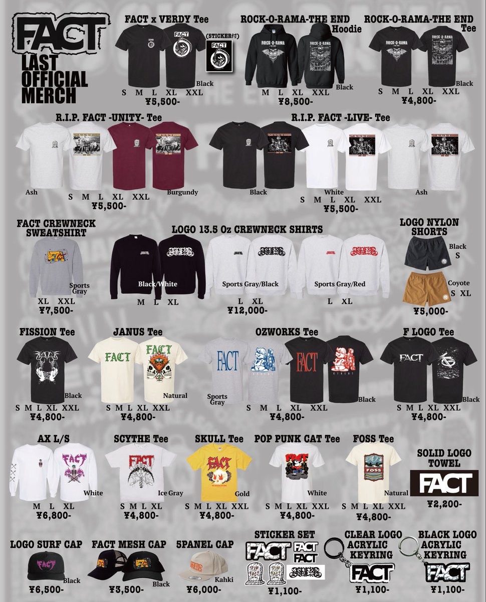 【ラスト通販】
明日20:00より受注販売開始

New Merch 
•R.I.P. FACT-UNITY- Tee
•R.I.P. FACT-LIVE- Tee
•FACT x VERDY Tee

受注期間: 2025年10月25日(土)20:00〜11月3日(月)23:59まで

※商品によってボディ在庫上限に達した時点でSOLD OUTとさせて頂きます。

予約
factonline.theshop.jp