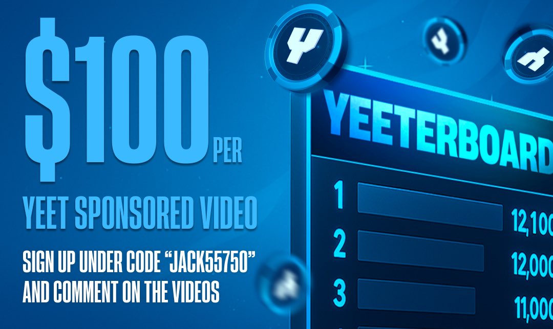 Jackkk's tweet image. Switching up the monthly Yeet prizes
Instead of giving out $3,000 at the end of each month to people on my Yeeterboard
$100 will be given out on every YEET clip to someone random who comments and is on my Yeeterboard!