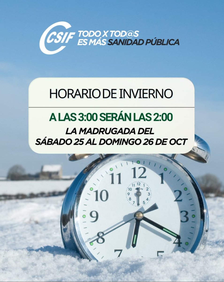 ❄ Llega el horario de invierno:

La madrugada del sábado 25 al domingo 26 de octubre, a las 3:00 serán las 2:00.

Dormimos una horita más 😴 Y si te toca turno de noche o guardia, ¡mucha fuerza, café y paciencia! ☕