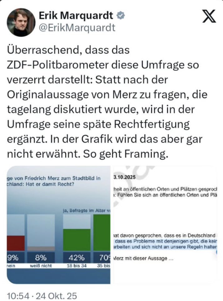 ‼️Sehr bedenklich was hier schon wieder passiert:
Der ÖRR konstruiert geschickt eine Umfrage die den Kern der ursprünglichen Aussage von Merz umgeht.
Das <a href="/ZDF/">ZDF</a> stützt/schützt hier den Kanzler;
durch Manipulation.

<a href="/ErikMarquardt/">Erik Marquardt</a>