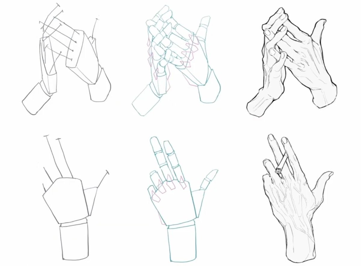 手は、単純な立体として図形化をしてみると描きやすくなります。
単純な立体として形のガイドを作ると、手の形の狂いが少なくなり描写の精度が上がります。