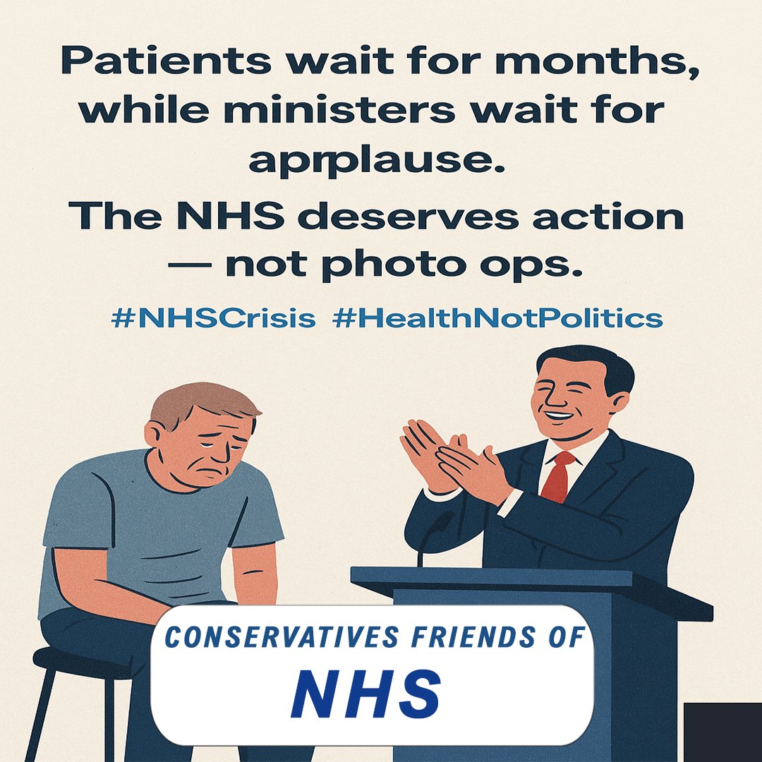 Conservative Friends of NHS (@cfo_nhs) on Twitter photo Patients wait for months, while ministers wait for applause.
The NHS deserves action — not photo ops.
#NHSCrisis #HealthNotPolitics
<a href="/RobertJenrick/">Robert Jenrick</a> <a href="/kevinhollinrake/">Kevin Hollinrake MP</a> <a href="/KemiBadenoch/">Kemi Badenoch</a> <a href="/DrAshrafChohan/">Dr Ashraf Chohan (DAC)</a> <a href="/MelJStride/">Mel Stride</a> Patients wait for months, while ministers wait for applause.
The NHS deserves action — not photo ops.
#NHSCrisis #HealthNotPolitics
<a href="/RobertJenrick/">Robert Jenrick</a> <a href="/kevinhollinrake/">Kevin Hollinrake MP</a> <a href="/KemiBadenoch/">Kemi Badenoch</a> <a href="/DrAshrafChohan/">Dr Ashraf Chohan (DAC)</a> <a href="/MelJStride/">Mel Stride</a>