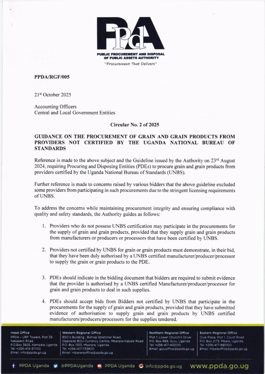 PPDAUganda's tweet photo. 🚨ℕ𝔼𝕎 ℂ𝕀ℝℂ𝕌𝕃𝔸ℝ 𝔸𝕃𝔼ℝ𝕋
Circular No. 2 of 2025 is here.

• Allows non-UNBS providers if authorized by a certified source.
• PDEs must verify authorization documents.
All Entities are advised to review and comply.
See details below👇🏾
#RegulatingforResults https://t.co/2PIo8bCT9d