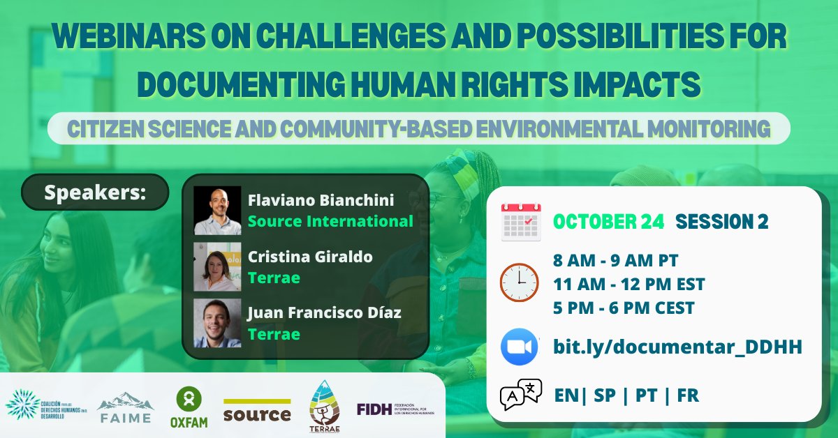 RightsinDevt's tweet image. ⌛️HAPPENING IN 4 HOURS
🟢Join us for today's session on community-based participatory research & monitoring of #DevelopmentProjects
sign up here:
us06web.zoom.us/meeting/regist…
A space for meaningful exchange and useful tools for documenting #HumanRights impacts