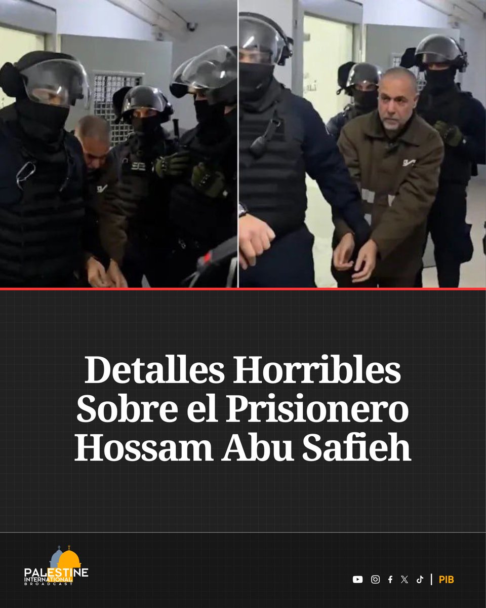 Palestina Internacional Broadcast (@pbi_es) on Twitter photo Según su abogado, el Dr. Hossam Abu Safieh, detenido en la prisión de Ofer, se encuentra en estado crítico, con problemas cardíacos y un agotamiento extremo.
Fue brutalmente atacado por las fuerzas israelíes el 14 de octubre, sufriendo heridas en el muslo, la mano y un ojo. Según su abogado, el Dr. Hossam Abu Safieh, detenido en la prisión de Ofer, se encuentra en estado crítico, con problemas cardíacos y un agotamiento extremo.
Fue brutalmente atacado por las fuerzas israelíes el 14 de octubre, sufriendo heridas en el muslo, la mano y un ojo.