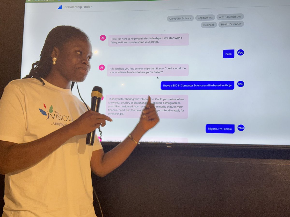 Visiola_Fdn's tweet image. Group 4 – AI Track showcased Scholarship Finder, an AI-powered tool that helps students easily discover scholarships that match their background, interests, and goals. 
Making access to education smarter and simpler! 

#WomenInTech #SoftwareEngineering