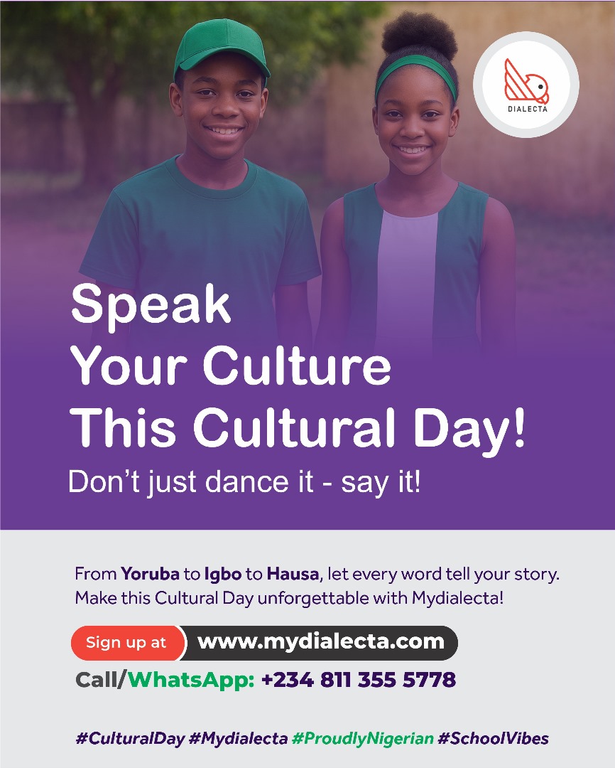 TOSSEAFRICA's tweet image. Speak your culture this #CulturalDay!
Don’t just dance it — say it in Yoruba, Igbo or Hausa with @Mydialecta 
Make language part of the celebration
Visit mydialecta.com
#Mydialecta #ProudlyNigerian #SchoolVibes #SpeakYourCulture