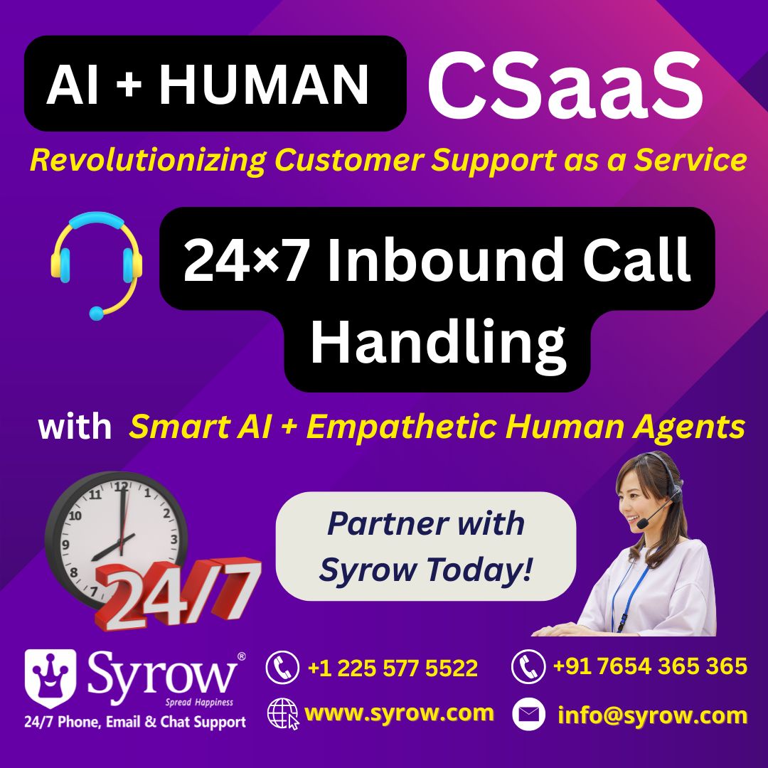 TheSyrow's tweet image. 🔔 AI + HUMAN CSaaS for 24x7 inbound call handling! Syrow’s smart AI and human agents revolutionize customer experiences. Are you prepared to offer non-stop support for your customers? 
#CustomerSupport #CSaaS #AI #Syrow #24x7 #Businessgrowth