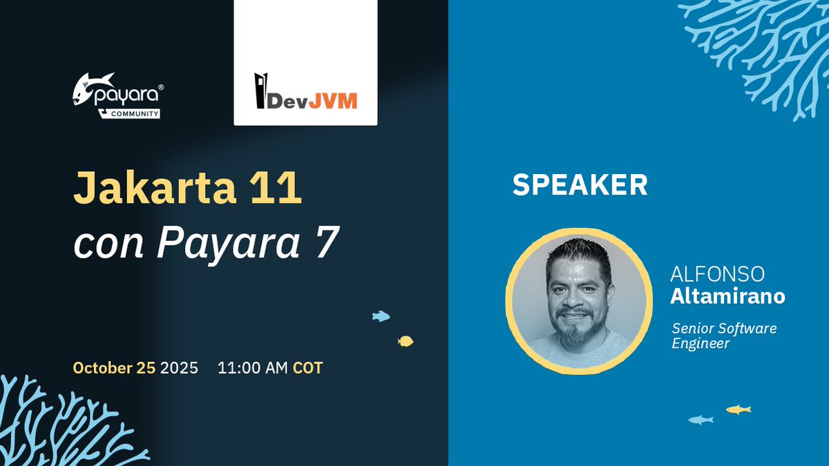Payara_Fish's tweet image. 🚀 Tomorrow at #DevJVM!
Join Alfonso Altamirano “ @JakartaEE with Payara 7”
🗓️ Sat, Oct 25 · 🕚 11:00 AM COT

Discover how Jakarta EE 11 + Payara 7 modernize enterprise Java with new specs, performance boosts &amp;amp; real-world examples
hubs.ly/Q03P_DfM0
#Java #JavaEE #JakartaEE