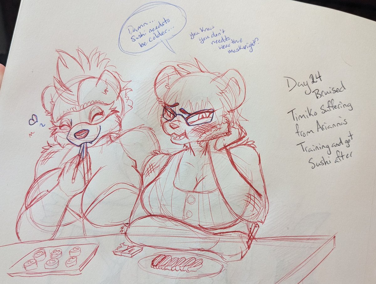 Fightober Day 24 Bruised

Timiko and Arianna go to sushi after training, and Timiko still feeling the burn even with cold sushi to help

#fightober #fightober2035 #bruised