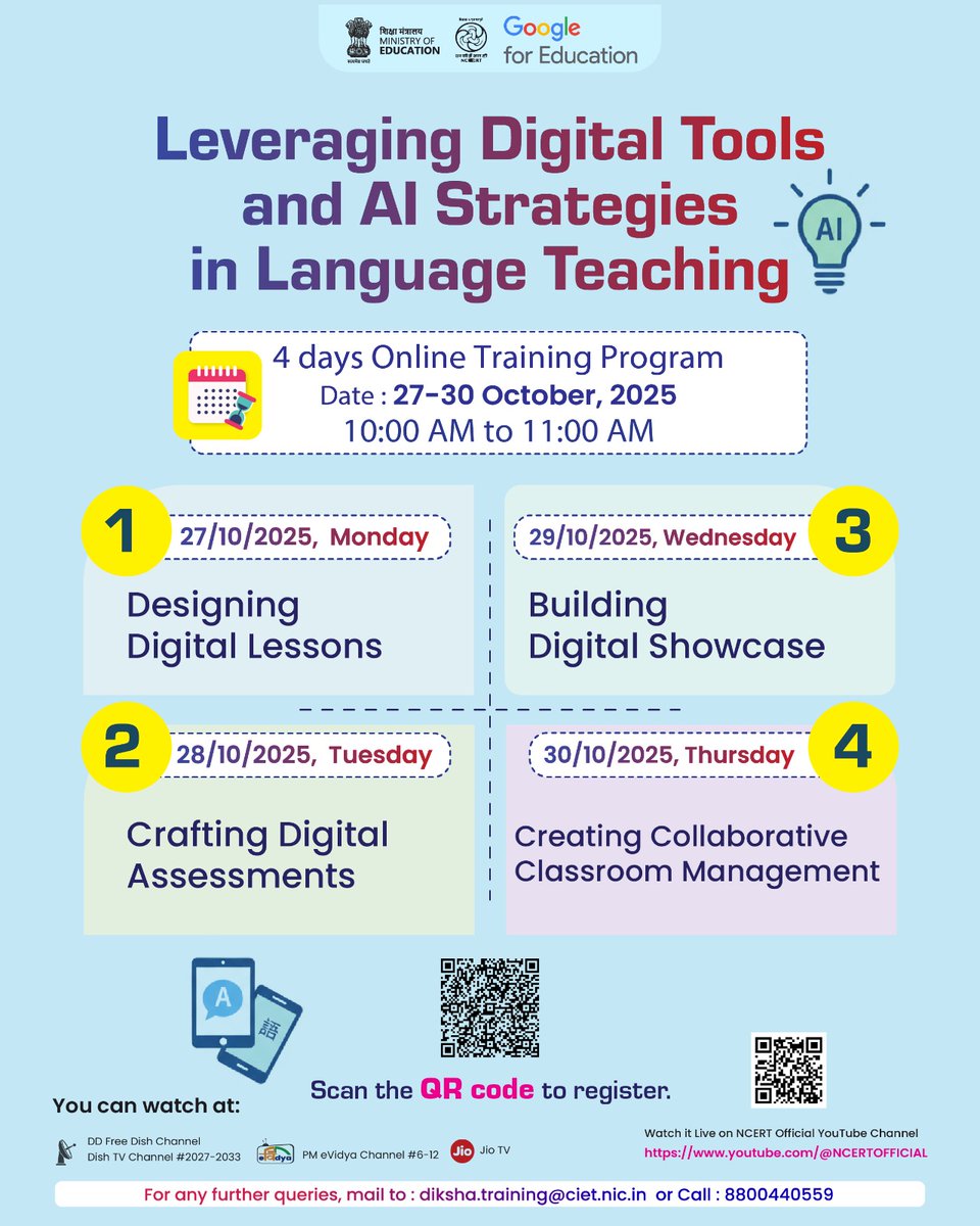 ncert's tweet image. 𝐋𝐞𝐯𝐞𝐫𝐚𝐠𝐢𝐧𝐠 𝐃𝐢𝐠𝐢𝐭𝐚𝐥 𝐓𝐨𝐨𝐥𝐬 𝐚𝐧𝐝 𝐀𝐈 𝐒𝐭𝐫𝐚𝐭𝐞𝐠𝐢𝐞𝐬 𝐢𝐧 𝐋𝐚𝐧𝐠𝐮𝐚𝐠𝐞 𝐓𝐞𝐚𝐜𝐡𝐢𝐧𝐠: 𝐀 𝟒-𝐃𝐚𝐲 𝐎𝐧𝐥𝐢𝐧𝐞 𝐓𝐫𝐚𝐢𝐧𝐢𝐧𝐠 𝐏𝐫𝐨𝐠𝐫𝐚𝐦𝐦𝐞
The upcoming 4-day online training programme on Leveraging Digital Tools and AI Strategies in…