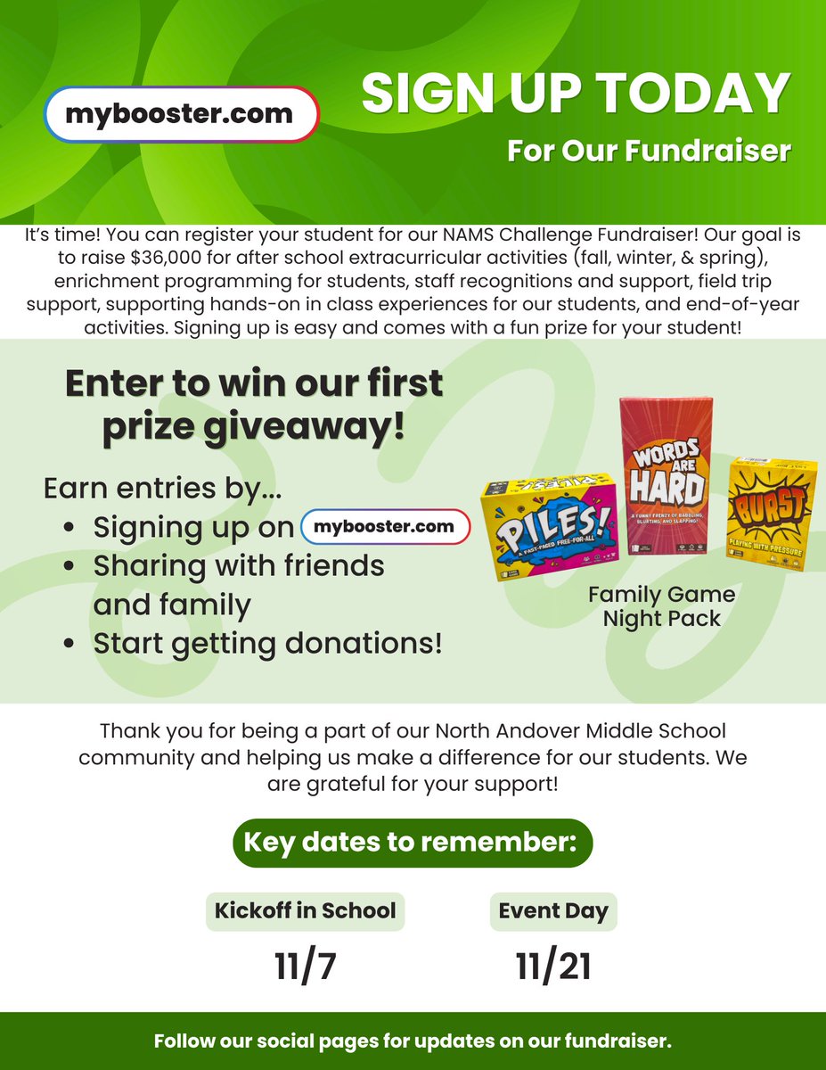NAMiddle's tweet image. The NAMS Challenge Fundraiser is almost here!
📅 Important Dates:
💻 Register at MyBooster.com – Open Now!
🎉 Fundraiser Kickoff – 11/07/2025
👟 Event Day – 11/21/2025
Let’s do this, NAMS families! 💙💪 #NAMSChallenge #WeAreNAMS #FundraiserGoals