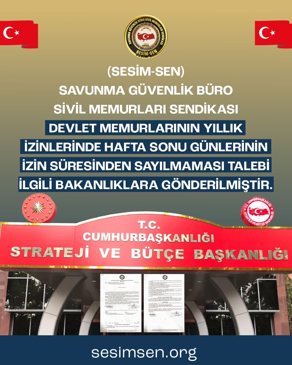 sesim_sen's tweet photo. SESİM-SEN’den 
Adil İzin Talebi!!!
“Hafta Sonları İzin Süresinden Sayılmasın!”

Devlet memurlarının yıllık izinlerinde hafta sonlarının izin süresinden düşülmemesi için SESİM-SEN tarafından ilgili bakanlıklara resmi başvuru yapılmıştır. https://t.co/yw1ybF53q3