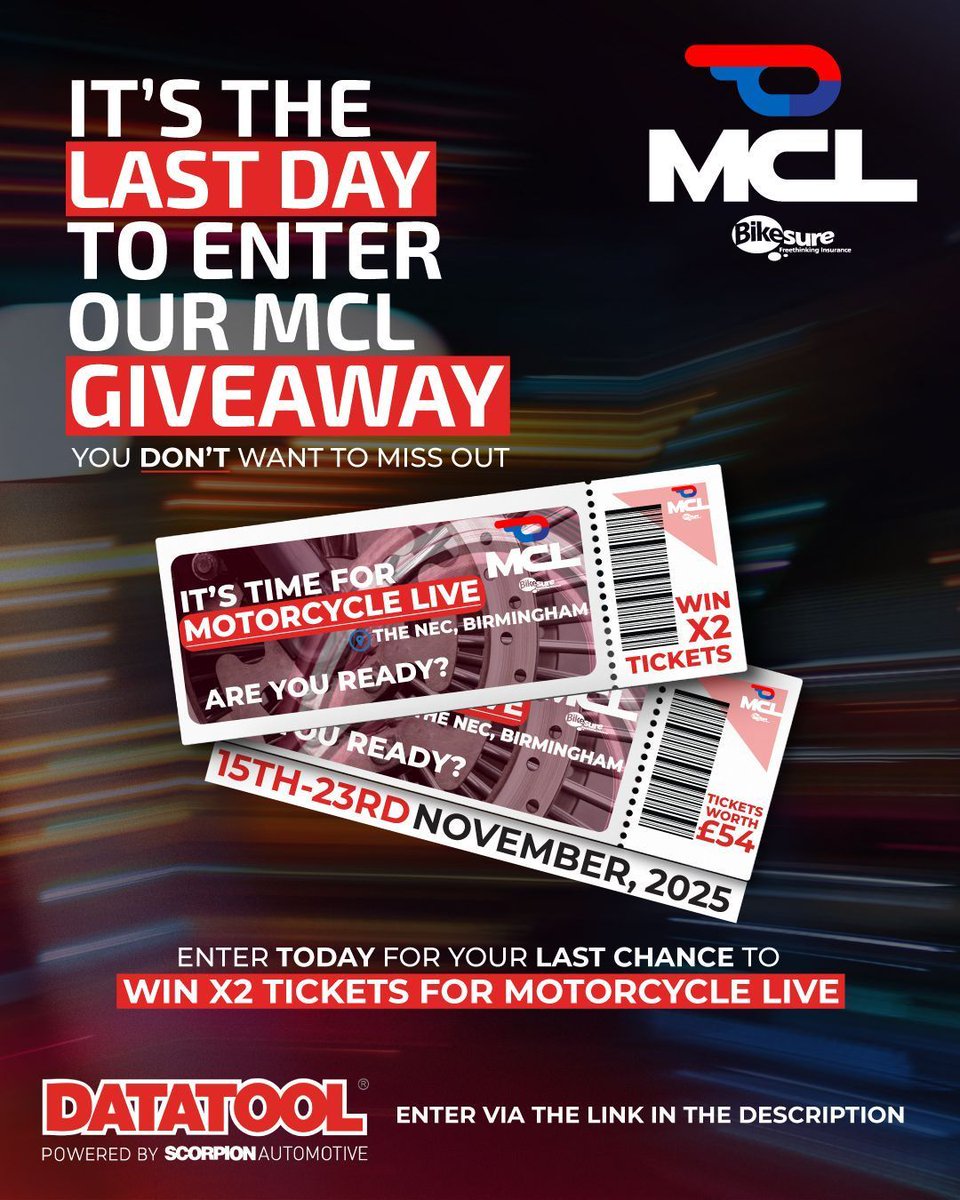 datatool's tweet image. Don't miss your last chance to snag tickets to Motorcycle Live at the NEC, the UK's largest and most hands-on bike exhibition. Follow us with us on social media and click the link to participate! Act fast: buff.ly/zTlkYfP