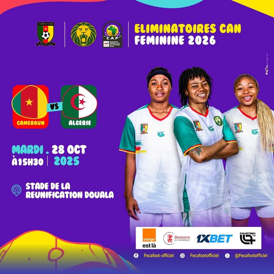 🔥⚽⚽⚽

Allons rugir avec les Lionnes au stade de la Réunification mardi prochain. 

#CAMEROUN 🇨🇲 🆚 🇩🇿 #ALGÉRIE 
📆 : 28 Octobre 2025
🕑 : 15h30
🏟️ : Stade de la Réunification Douala 

#WAFCONQ2026 | #GOLIONESS | #ALLEZLESLIONNES |#LETSROARTOGETHER |