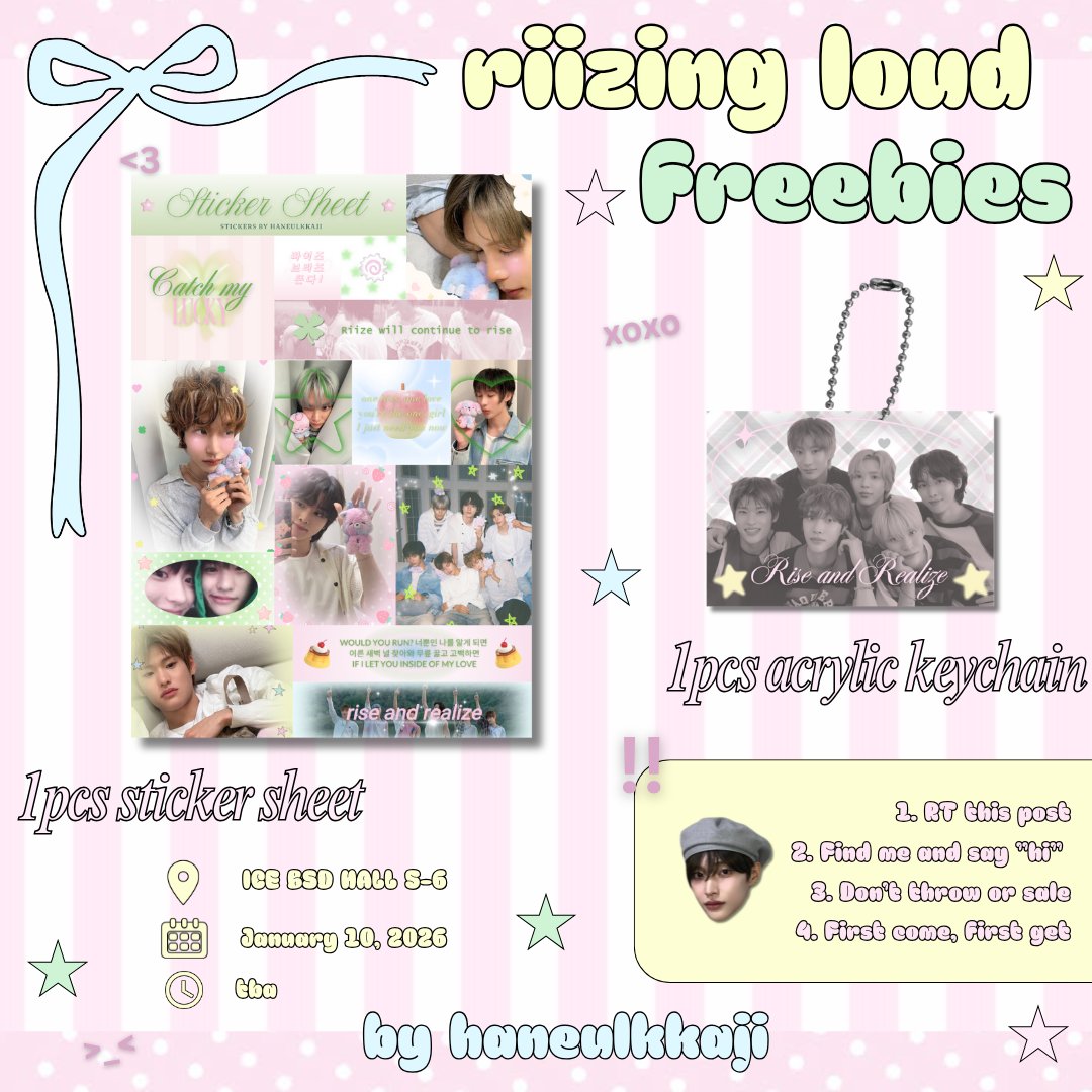 haneulkkaji's tweet image. ˚₊۶ৎ˙⋆ riizing loud in jkt freebies ˖ ݁♬⋆.˚𝄞.
📅 Jan 10, 2026
📍 ICE BSD
✦ rt and show this tweet
✦ find me and say hi! 🐈⬛️
✦ limited qty
𝜗ৎ kindly tag me if u got the freebies &gt;_&lt;!
#RIIZINGLOUDinJKT #RIIZINGLOUD_IN_JAKARTA