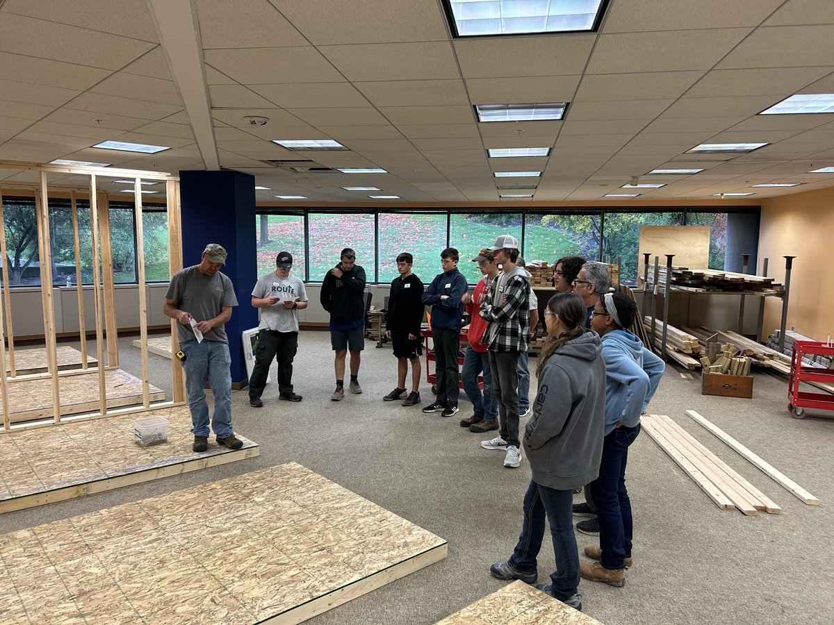 RouteCHST's tweet photo. Our Route students learned how to frame from a local builder this week and the framed their own bathrooms which will be used to learn electrical, plumbing, and a few other trades. https://t.co/g8cWYQcm17
