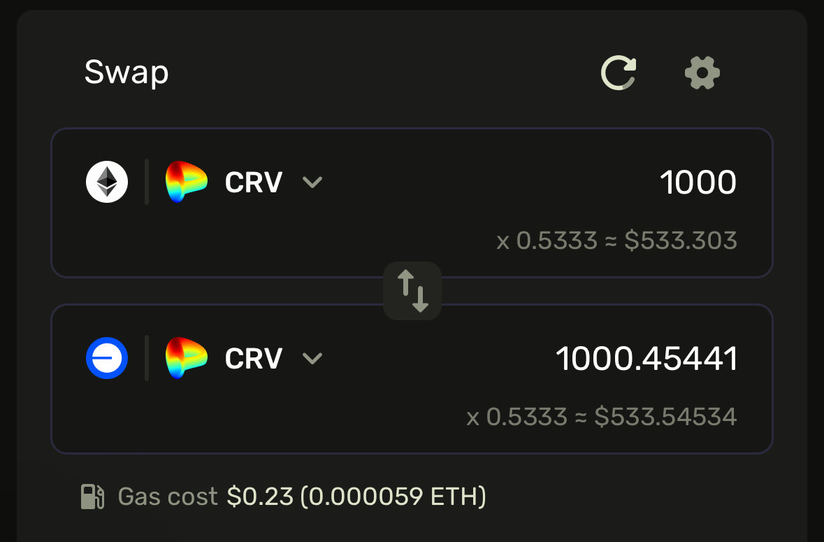 crosscurvefi's tweet image. 😎 Fun Friday Vibes, fam! Let's enter into the weekend with a smile by grabbing some positive slippage on bridging @CurveFinace $CRV b/w chains like @ethereum , @Optimism , @arbitrum , @base, @fraxfinance , and more!
Only on app.crosscurve.fi/swap