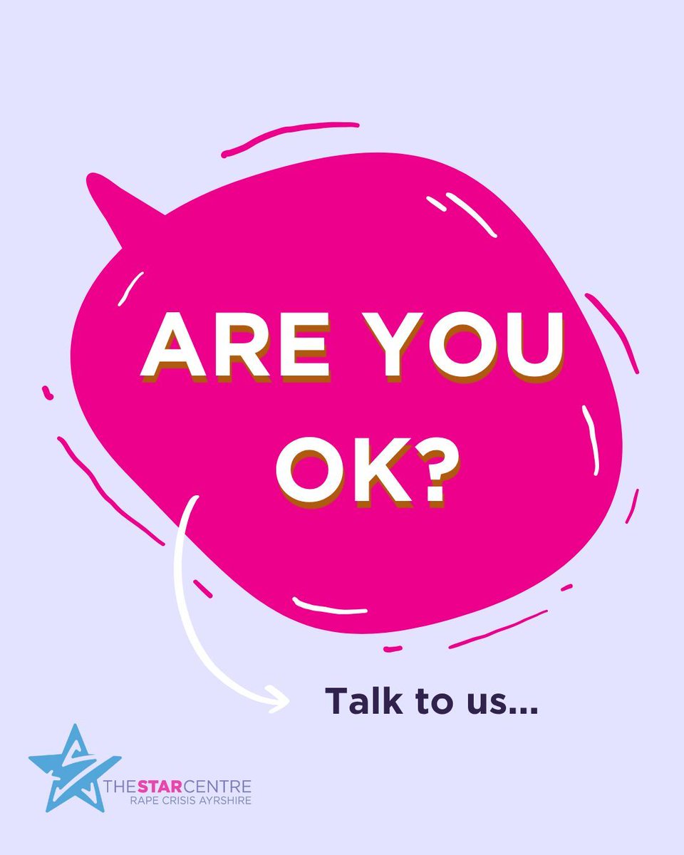 STARAyrshireRC's tweet image. 💜  Are you ok?

Whatever you’re feeling right now, you don’t have to face it alone.
We’re here to listen, believe, and support you, whenever you’re ready to talk.

You matter. Your experience matters. We&apos;re here for you. 

#HereToHelp #RapeCrisisSupport #AnyBodyAnyTypeAnyTime