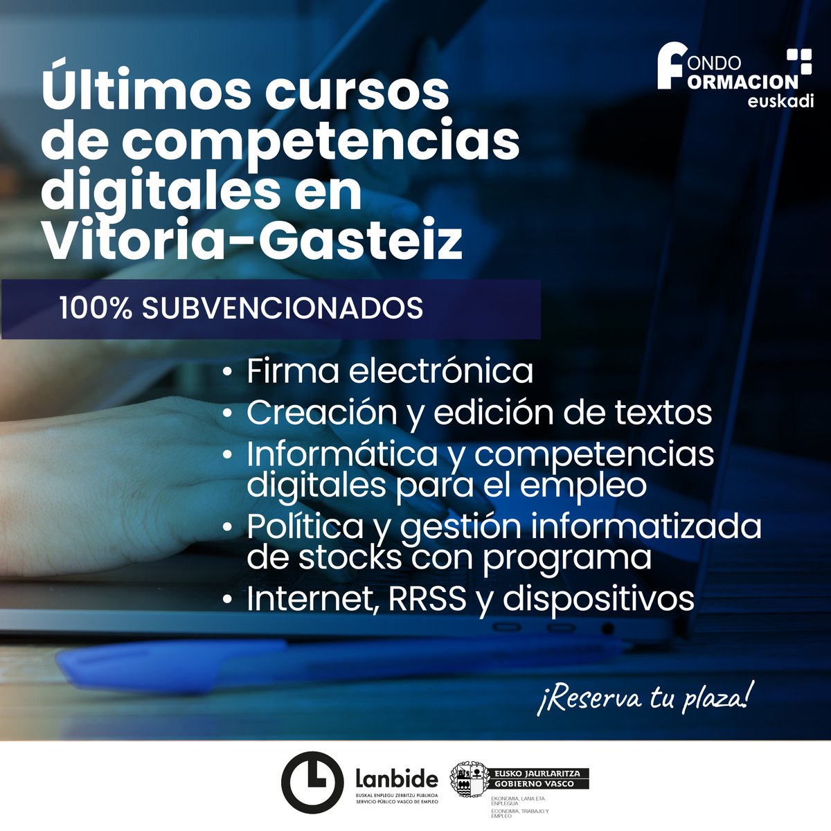 📣 ¡Aprende y mejora tus competencias digitales en Vitoria!
Ponte al día con la tecnología y mejorar tus oportunidades laborales
Cursos 100% subvencionados por Lanbide.
👉 Inscríbete ya: ffeuskadi.net/cursos-subvenc…

#FormaciónSubvencionada #Lanbide #Vitoria  #Empleo #CursosGratis