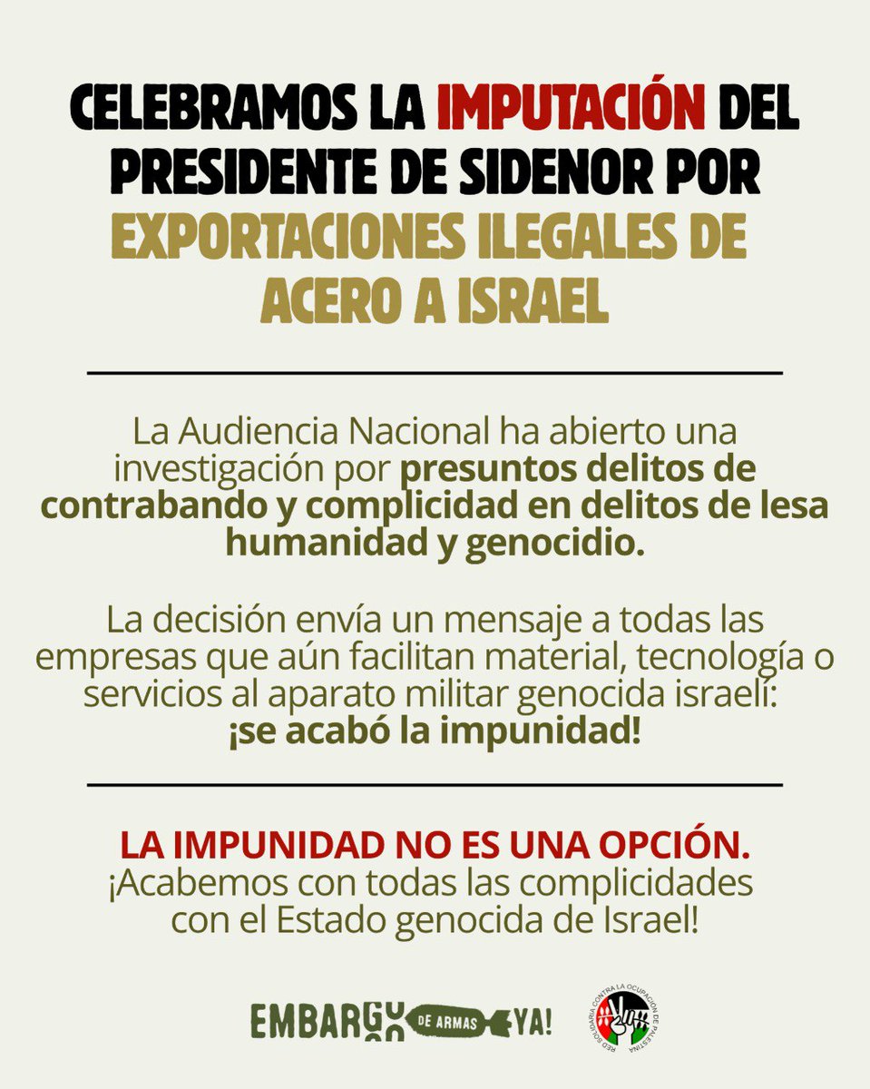 "Ninguna colaboración con el genocidio quedará impune."
RESCOP anuncia que no va a parar hasta perseguir política y judicialmente a todas las empresas cómplices con el genocidio, el apartheid y el colonialismo de Israel contra el pueblo palestino.
“La impunidad no es una opción”.