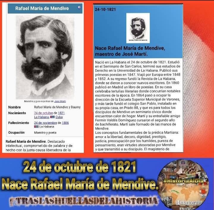 El 24 de octubre de 1821 nació en La Habana Rafael María de Mendive. Reconocido poeta y educador, comprometido al extremo con la causa independentista de Cuba, además maestro de José Martí. 
#CubaViveEnSuHistoria 
#SanctiSpíritusEnMarcha #Taguasco 
<a href="/DeivyPrezMartn1/">Deivy Pérez Martín</a> <a href="/DiazCanelB/">Miguel Díaz-Canel Bermúdez</a>