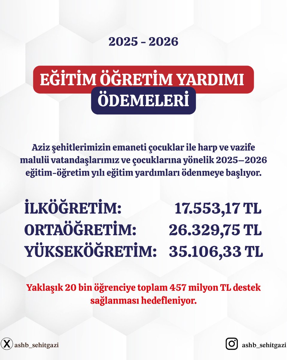 📢 Eğitim-Öğretim Yardımı Ödemeleri Başlıyor

✅️Aziz şehitlerimizin emaneti çocuklarımıza,
harp ve vazife malulü vatandaşlarımız ile çocuklarına yönelik
2025–2026 eğitim-öğretim yılı yardımları ödenmeye başlıyor.

Bu kapsamda;

🎓 İlköğretim: 17.553,17 TL

🏫 Ortaöğretim: