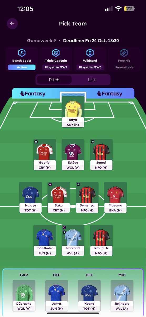 Joefal99's tweet photo. @FPLGOAT7 @FPLMeerkat Bench boost active! https://t.co/mJpCVZ6Rhw