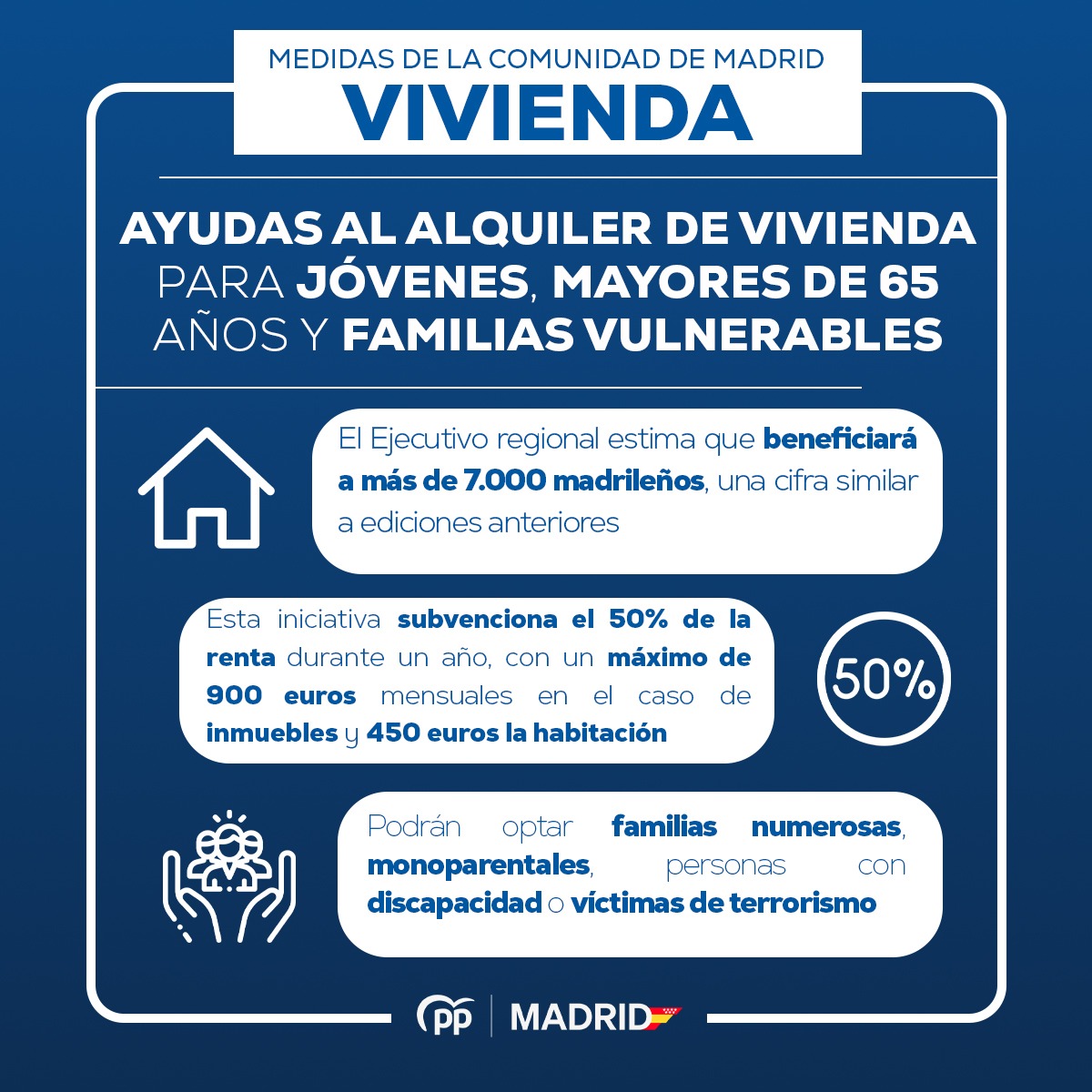 🔵 El Gobierno de <a href="/IdiazAyuso/">Isabel Díaz Ayuso</a> continúa aprobando medidas en favor de los madrileños:

✅ La Comunidad de Madrid abrirá el 4 de noviembre el plazo para las ayudas al alquiler de vivienda para jóvenes, mayores de 65 años y familias vulnerables. 

Seguimos.
