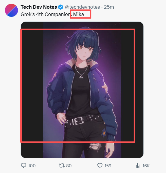 memewizd's tweet photo. $Mika
0x444489f1ded1f000e5b4cd53c16c26f13d1b325d
355k now

https://t.co/XV5gmg53dK

dyor - Tech Dev Notes @techdevnotes says Grok’s 4th Companion is called Mika @m https://t.co/xWPuYEtaRg