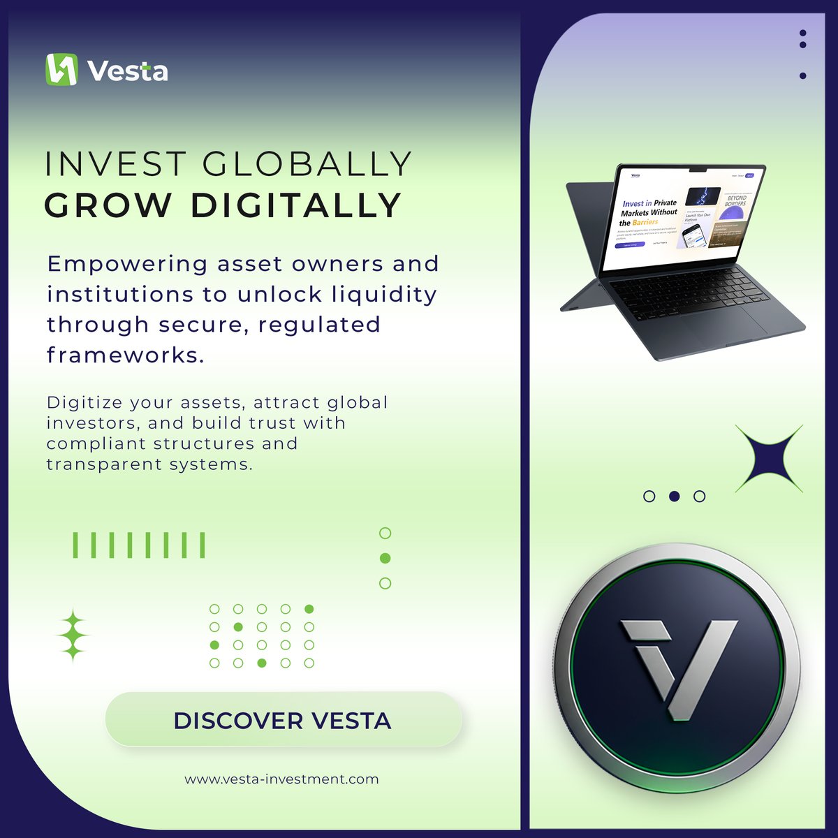 InvestVesta's tweet image. Invest globally. Grow digitally.
Vesta empowers asset owners and institutions to unlock liquidity through secure and regulated frameworks.
vesta-investment.com

#Vesta  #RWA #Blockchain #Investment #Innovation