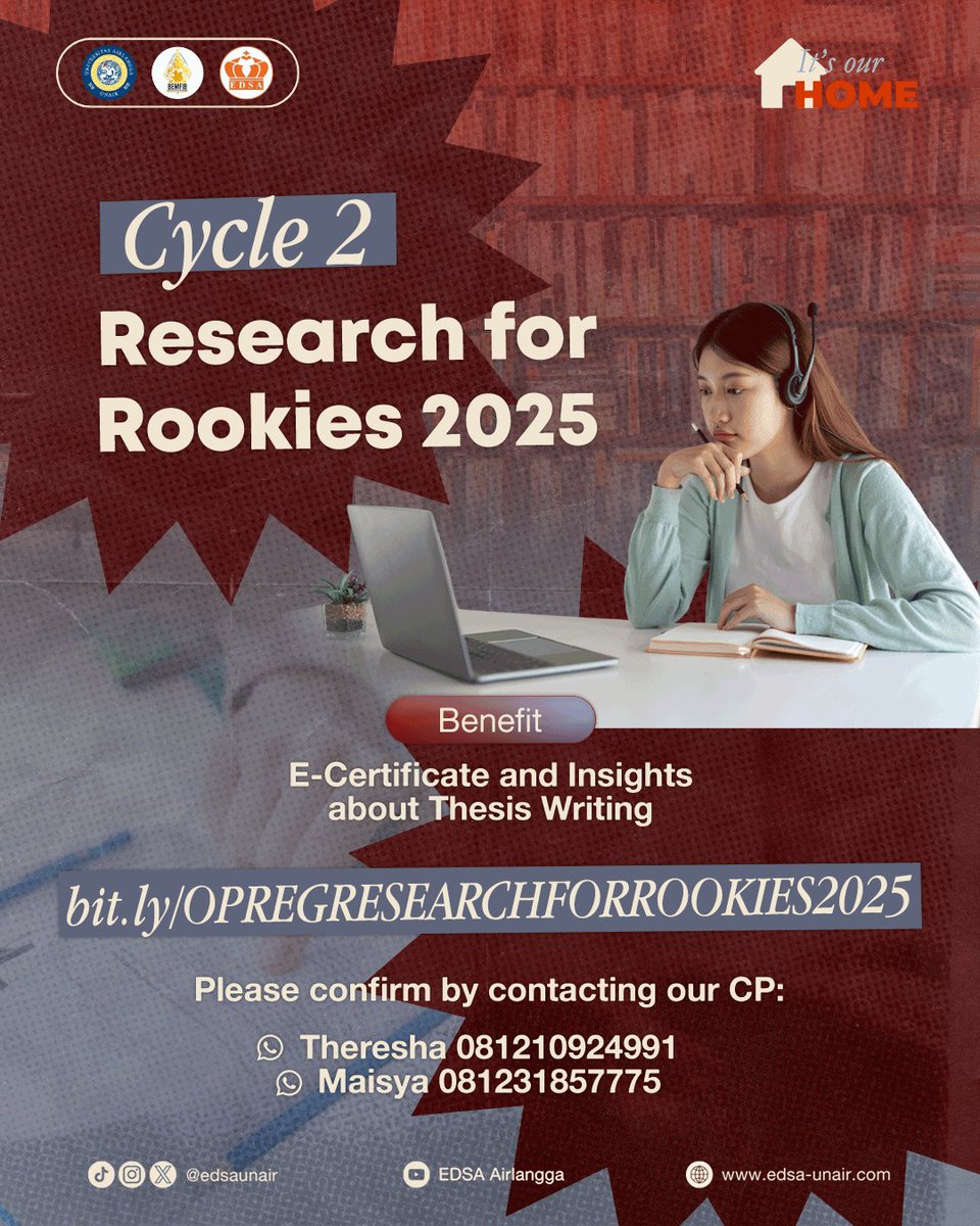 EDSAUnair's tweet image. [RESEARCH FOR ROOKIES CYCLE 2 2025]

Hello, EDSA Peeps!

Curious about how to write a thesis? Still unsure where to start? Or haven’t decided on your specialization yet? Don’t worry — Research for Rookies is here to give you a head start!