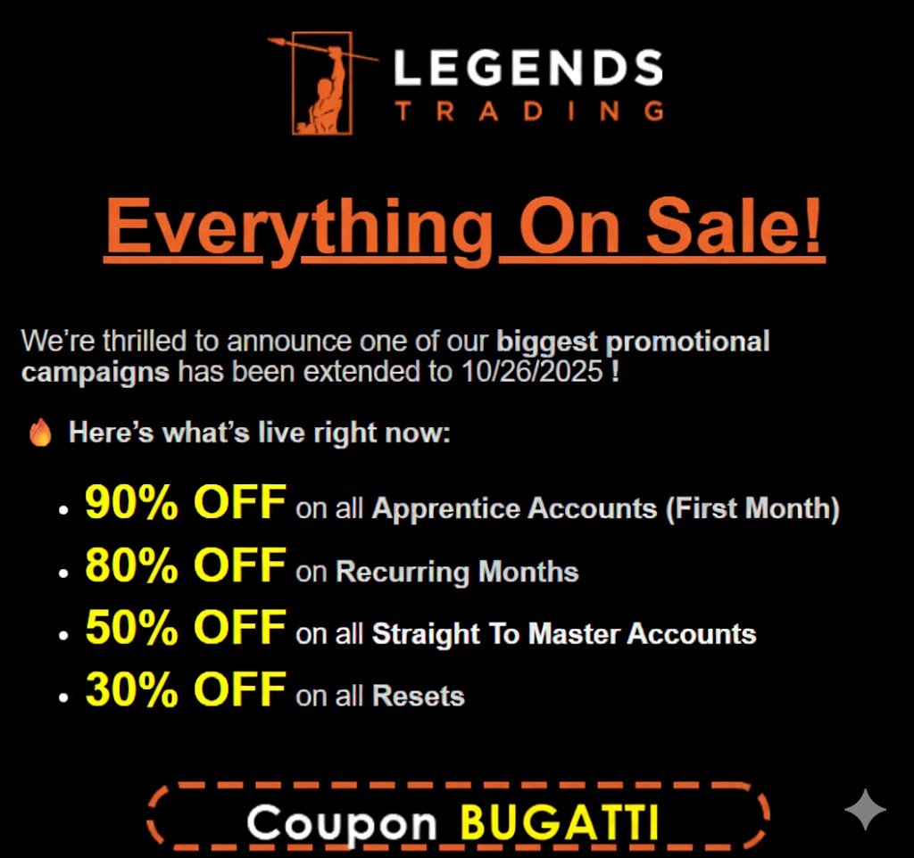 90 % OFF still good until 10/26 on <a href="/LegendsTradingG/">Legends Trading Group</a> 
Cheap 100K for $22 and they do have Tradovate
USE CODE BUGATTI
thelegendstrading.com/?ref=BUGATTI
