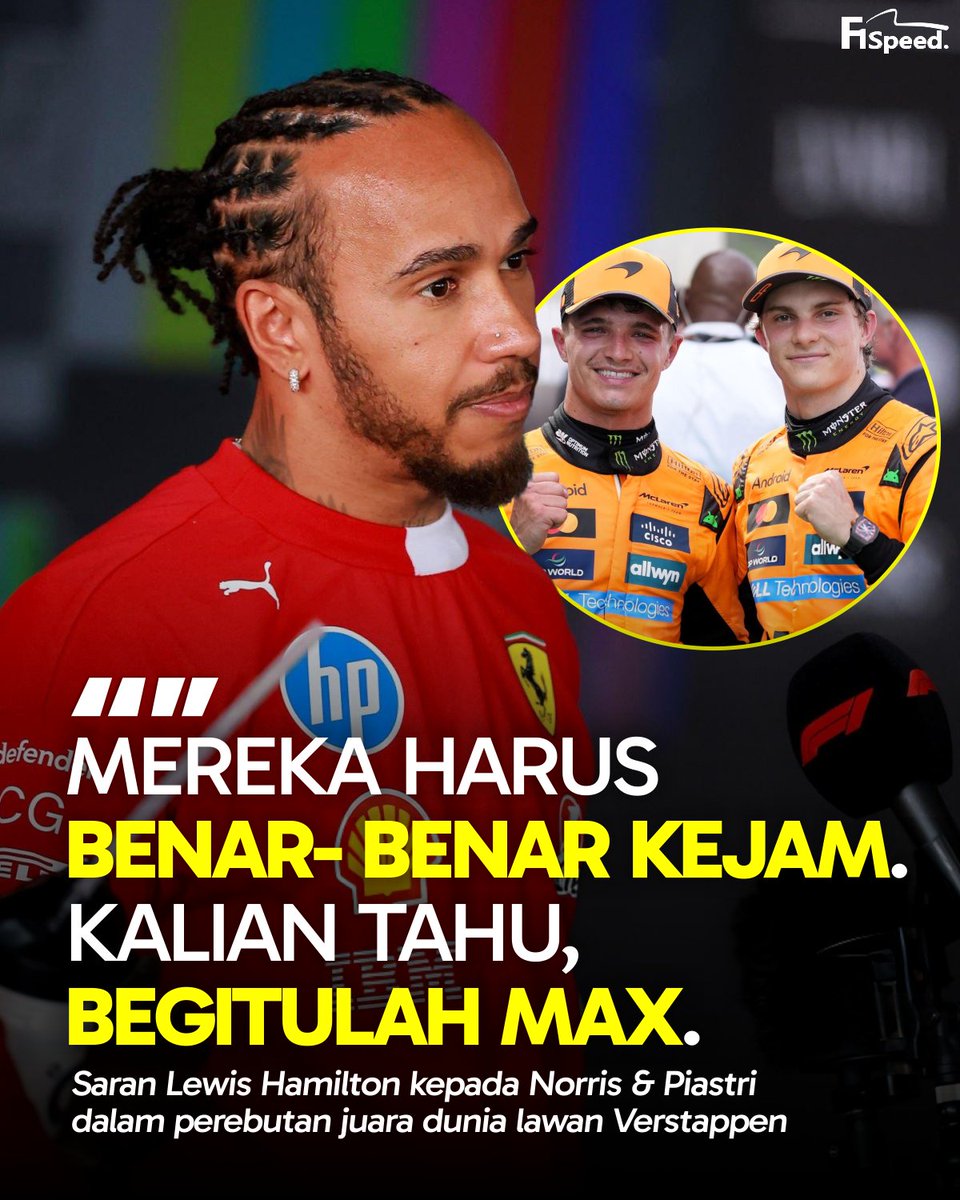 f1speed_indo's tweet photo. 🚨 Lewis Hamilton berbagi saran kepada Lando Norris & Oscar Piastri yang memburu gelar perdananya di tengah kejaran Max Verstappen yang sedang panas.

Bagi Hamilton yang pernah melawan Verstappen pada 2021 sampai balapan pamungkas, duo McLaren harus benar-benar kejam untuk imbangi permainan agresif Verstappen dan selalu tampilkan performa yang konsisten.

Hamilton akui tekanannya sangat tinggi dan ia menyarankan Norris & Piastri untuk memblokir semua hal dari luar, terutama pengaruh-pengaruh negatif yang berdatangan seiring makin panasnya persaingan.