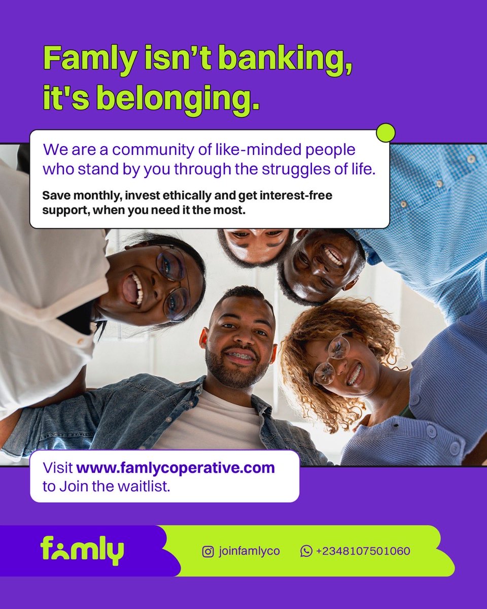 joinfamlyco's tweet image. Famly is all about people. 

With Famly you get to  
-Save monthly.  
-Invest ethically.  
-Access interest-free support when you need it most.  

Visit famlycooperative.com to join the waitlist today.