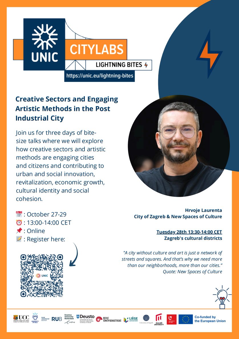 ⚡️⚡️ Prijavite se i sudjelujte na događaju <a href="/UNIC_EU/">UNIC</a>  Lightning Bites: Creative Sectors and Engaging Artistic Methods in the Post-Industrial City koji će se održati online od 27. do 29. listopada u vremenu od 13 do 14 sati. 🌐🗣

🔗 tinyurl.com/mt53c7zn

#UniZg #mojesveuciliste