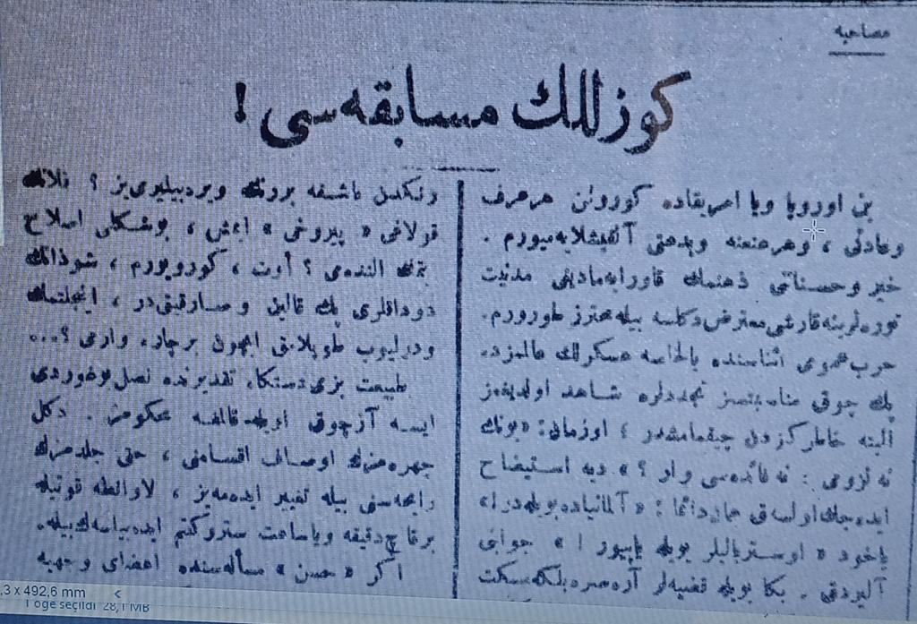 Cenap Şahabeddin 1920'de Fransa'da yapılan bir güzellik yarışması üzerinden tenkitlerini kaleme almış, hoş da mukayeseler yapmış. Yazı olumsuz bir çerçeve çiziyor. Ama gel gör ki 1929'daki güzellik yarışmasının jüri üyelerinden biri olmayı da ihmal etmemiş. Zaman, zemin ve şerait