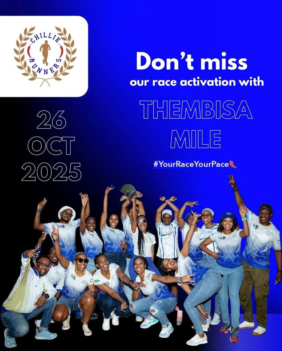 We’re taking the Chillie 🔥 to Thembisa Miles this Sunday!
Catch the crew bringing energy, pace, and good vibes all the way to race day

Come say hi, grab a selfie, and feel the Chillie spirit 🌶️

#YourRaceYourPace🌶️ #ChillieRunners #LifestyleChoices #Uyababapelepele
