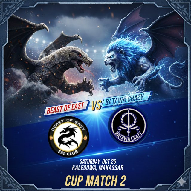 Laga berikutnya, bertandang ke markas <a href="/BeastofEastBRFI/">🐲BoE</a>, Cup Match 2. Setelah tumbang di laga pertama grup H, Batavia Crazy (#5 Liga 2 BRFI) incar kemenangan dari tuan rumah (#5 Liga 3 BRFI)

#GoBTC <a href="/LigaBRFI/">Battle Royale FPL Indonesia</a>