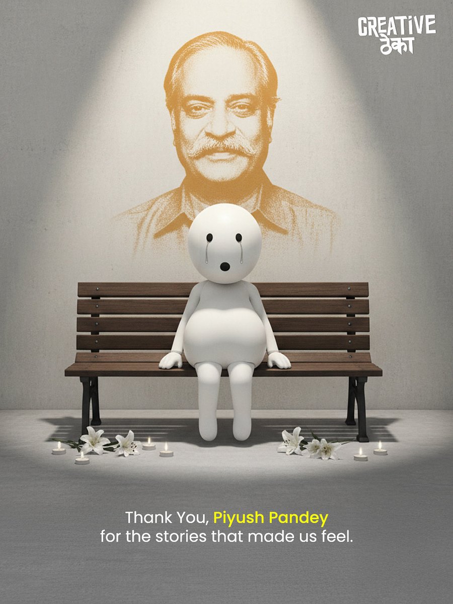 Creative1957933's tweet photo. Piyush Pandey (5 September 1955 – 24 October 2025)

Some stories don’t just sell ideas — they make us feel.
Thank you, Piyush Pandey, for giving emotions a voice and creativity a soul.
Your legacy will keep inspiring every storyteller, every creative heart. 💛#PiyushPandey https://t.co/cKu3L1dAH4