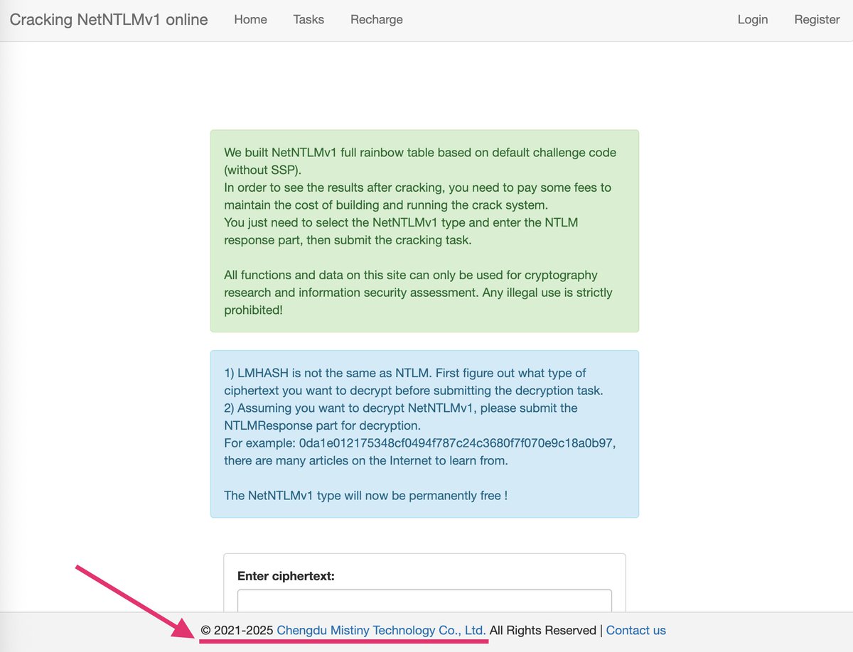 The blog links a free NetNTLMv1 cracking site (ntlmv1.com) whose operator appears tied to Chengdu Mistiny Ltd., a company in Sichuan, China. I don't know if you really want to let them crack your hash values.
