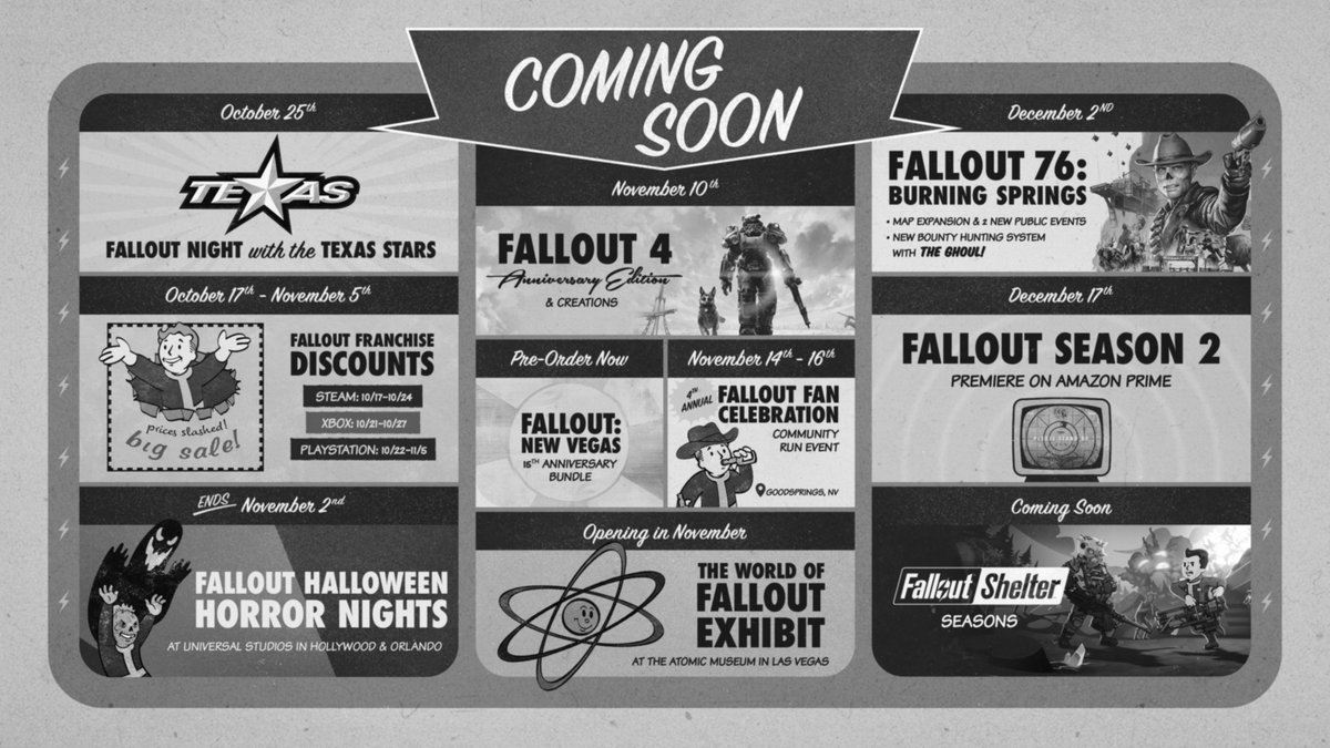 ICYMI: In our annual #FalloutDay Broadcast, we announced the Fallout 4 10th Anniversary Edition and Creations, Fallout: New Vegas 15th Anniversary Bundle, Fallout Shelter Seasons, and debuted the Fallout 76: Burning Springs Update Trailer!

Check out everything shared during the