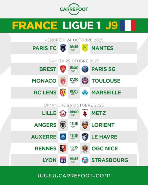 Carre_foot's tweet image. FRANCE (LIGUE 1) : Le programme des rencontres de la 9e journée !
#France #Ligue1 #Programme #Carréfoot