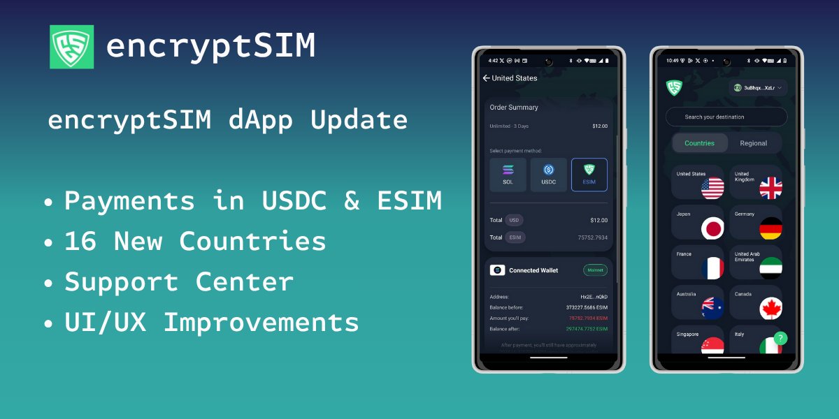 encryptSIM's tweet image. encryptSIM team has been grinding! 🚀
dApp update submitted to @solanamobile for review. Expect more advanced features and news rolling out next week. Stay tuned!
