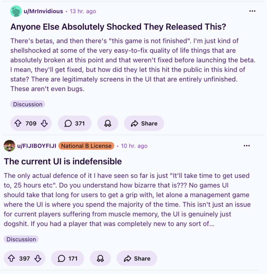 nocontextfm1's tweet photo. Reddit is NOT happy with Football Manager 2026... 😳 https://t.co/xqieJnKv5P