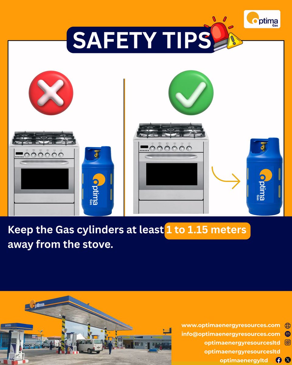 Safety First! 

For maximum safety, always position your cylinder at least 1 to 1.15 meters (about 3.3 to 3.8 feet) away from the cooking appliance. 

A little distance goes a long way in ensuring a safer kitchen for you and your family.

Happy weekend!
#optimaenergy
#optimagas