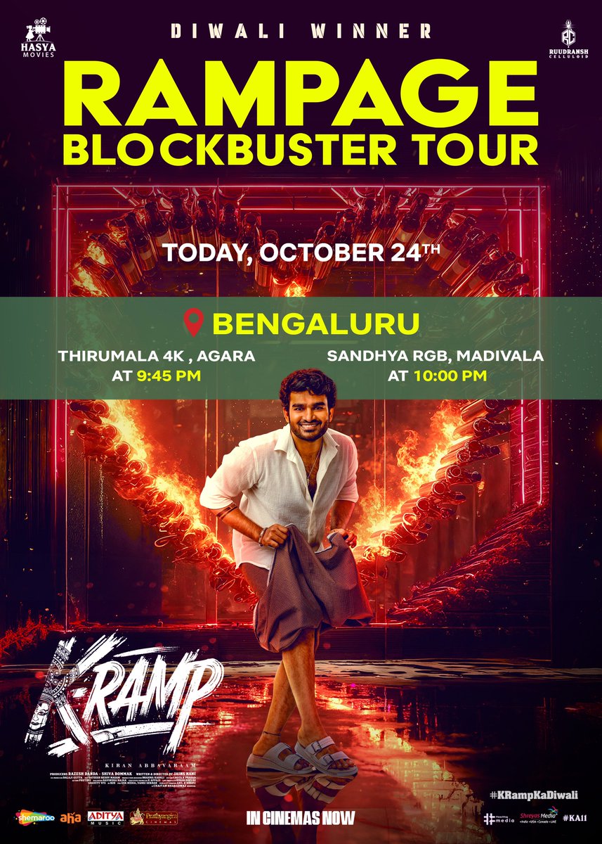 Join <a href="/Kiran_Abbavaram/">Kiran Abbavaram</a> &amp; team in celebrating the success with audience at Thirumala Theatre and Sandhya RGB Theatres Today❤️‍🔥

— linktr.ee/KRampTickets

#KRampKaDiwali <a href="/HasyaMovies/">Hasya Movies</a> <a href="/Ruudranshcinema/">Ruudransh Celluloid</a>