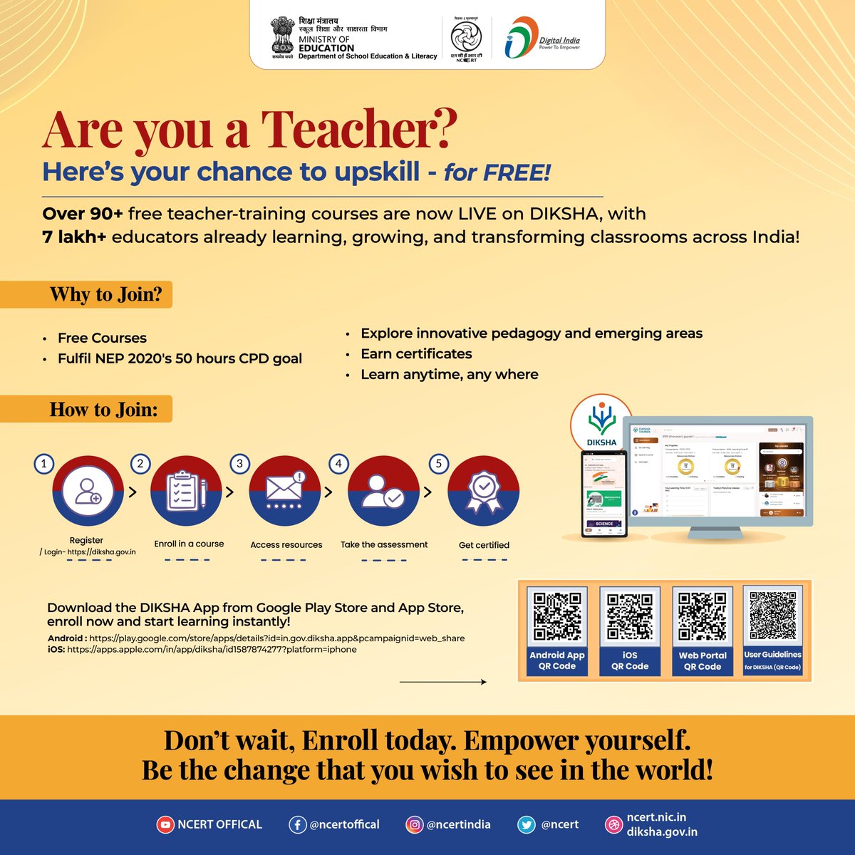 Are you a Teacher?
Here’s your chance to upskill – for FREE!

Over 90+ free teacher-training courses are now LIVE on DIKSHA, with 7 lakh+ educators already learning, growing, and transforming classrooms across India!

How to Join:
1️ Register / Login – diksha.gov.in