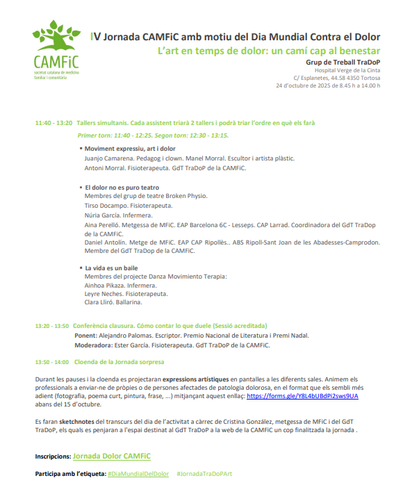 CAMFiC's tweet photo. A la IV Jornada #DoloriArt ens submergim avui en un programa inspirador amb artistes com Xè Canal, Manel Morral, Ignasi Blanch i Alejandro Palomas, entre d'altres... que ens guien per aprofundir en la connexió art-dolor. Aprenentatge, reflexió i emoció! https://t.co/1Y7ZMQ6ol5