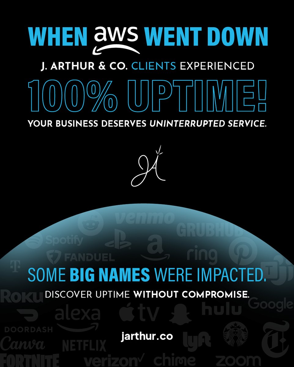 jarthur_co's tweet image. Despite Monday’s AWS outage, our 800+ web clients stayed online 💻 Our distributed, redundant architecture prevents single points of failure — reliability is our foundation 💪✨
#JArthur #AWSOutage #ReliableTech #BigTech